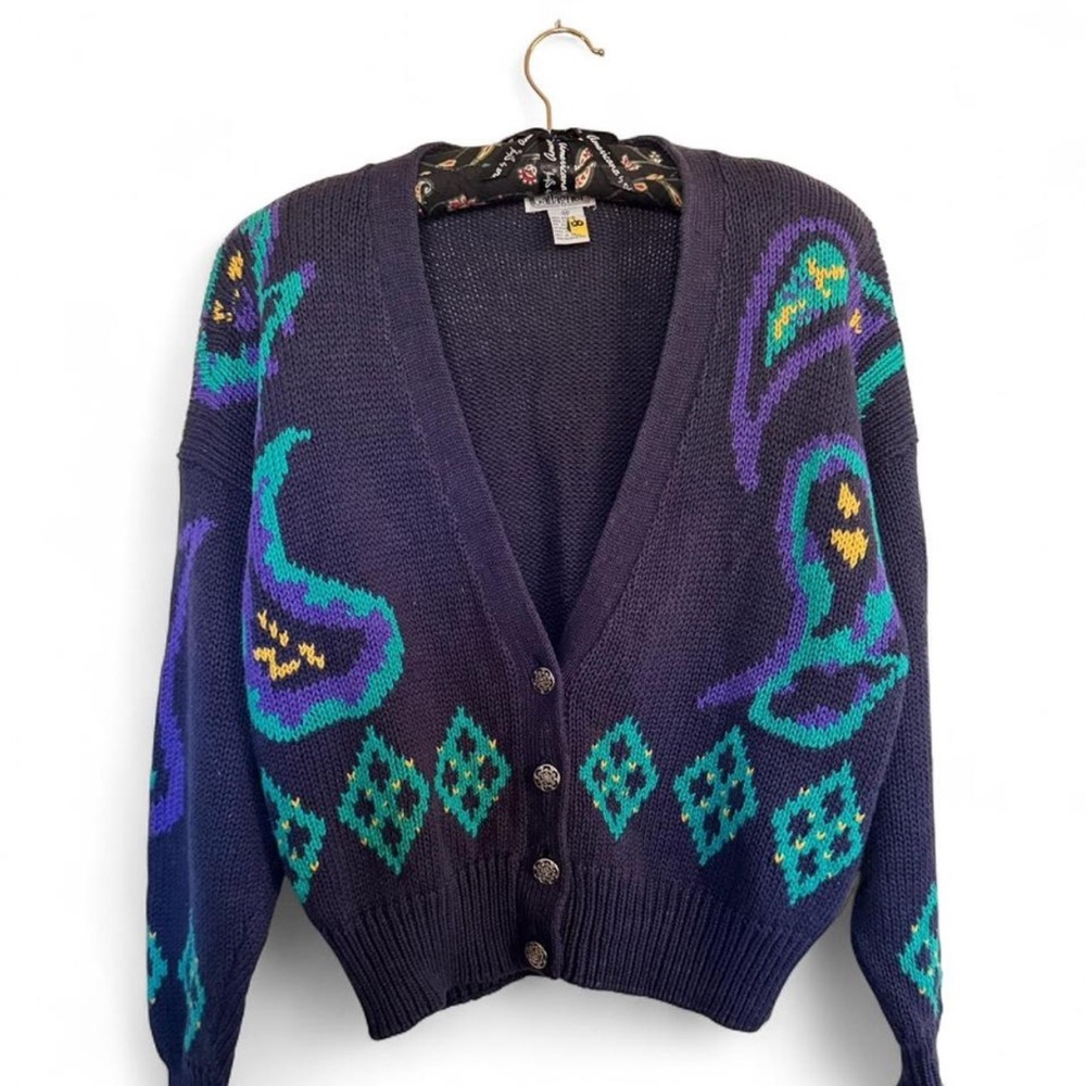 Vintage Gallagher Navy Cardigan Sweater with Paisley design